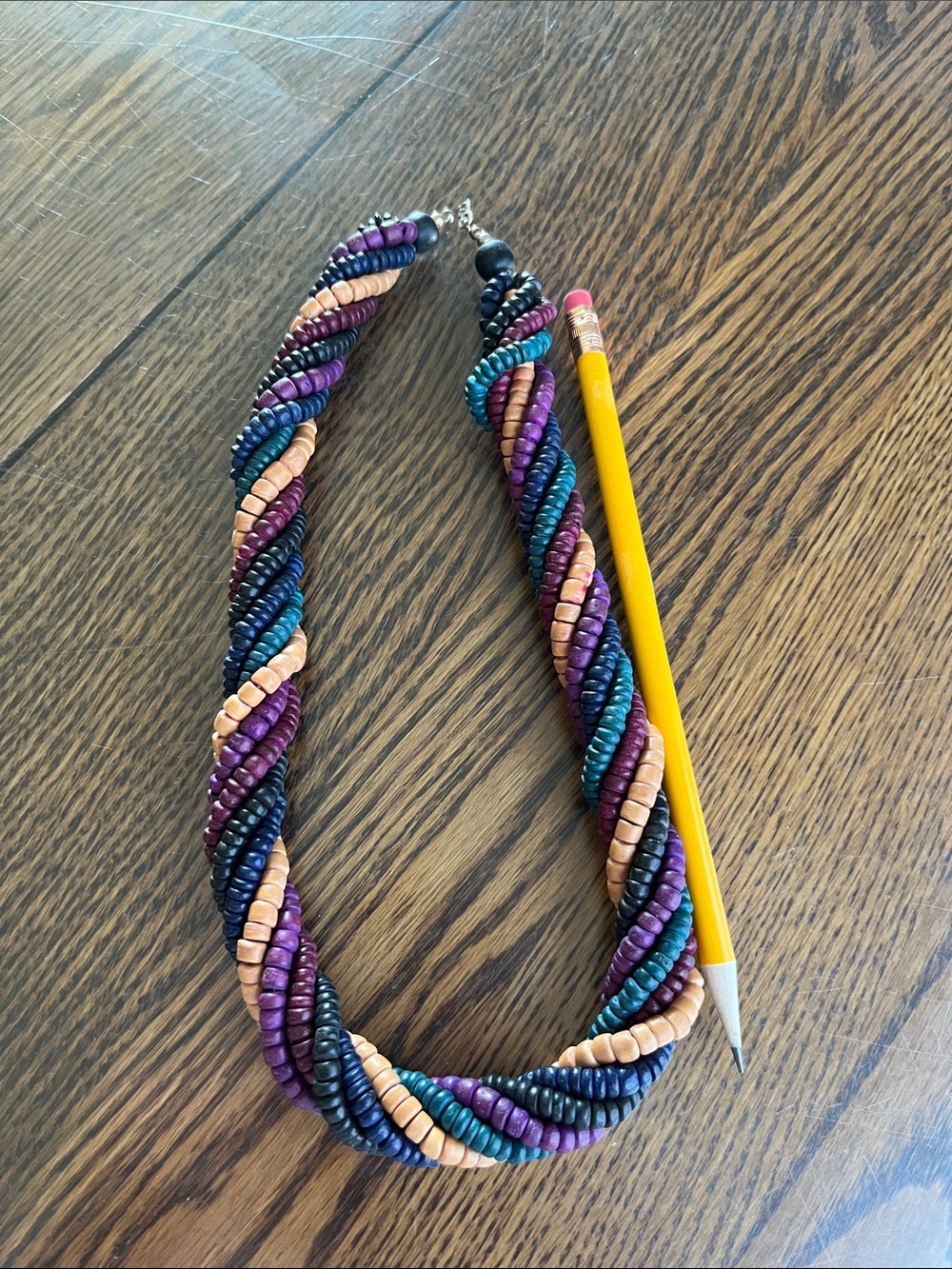Twisted Multicolor Beaded Necklace — Purple, Teal, Beige & Navy